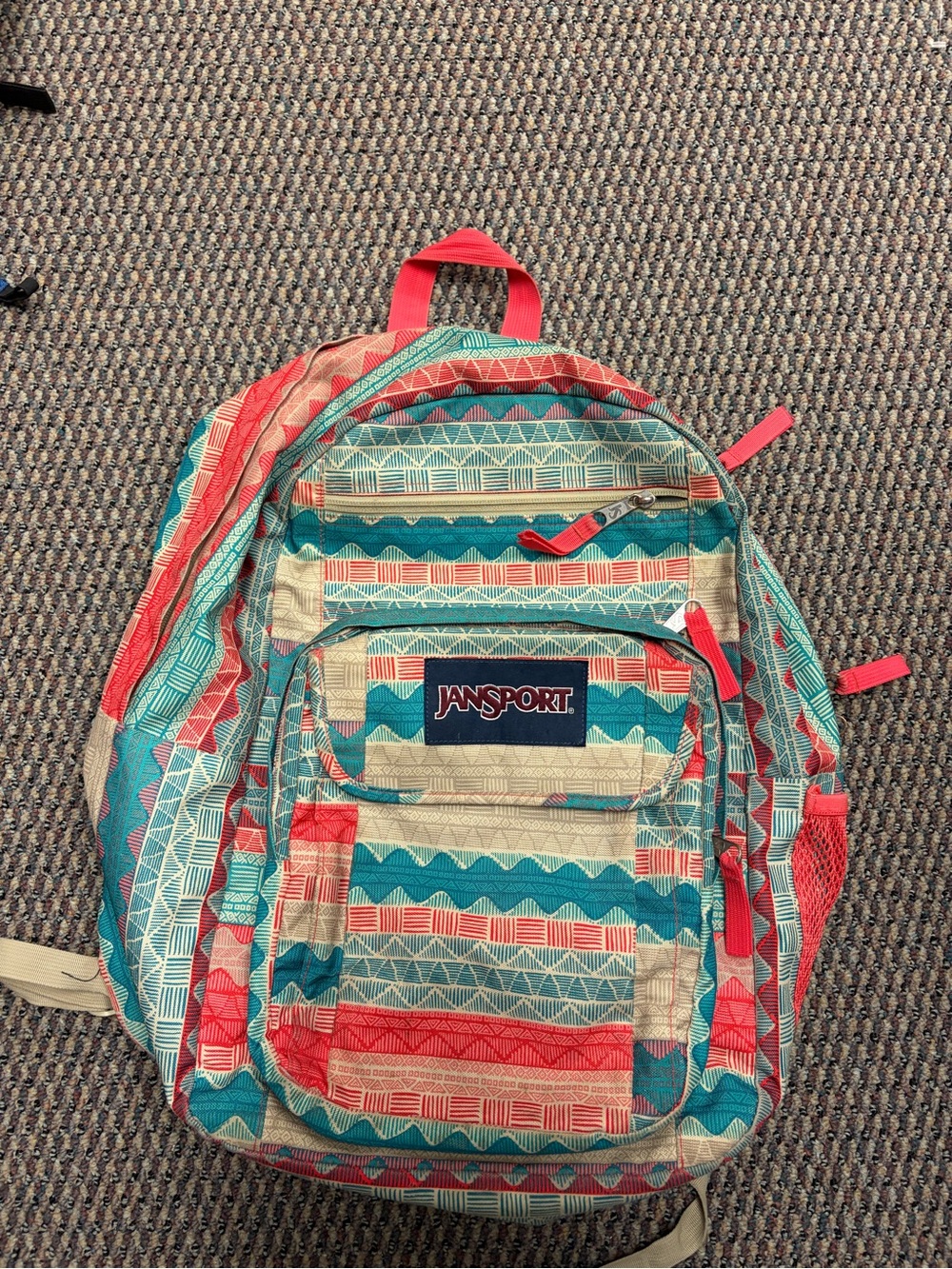JanSport Teal, Coral & Cream Geometric Pattern Backpack